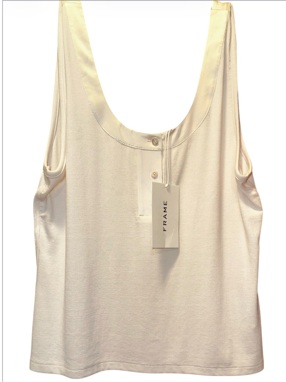 Frame Denim Cream Ribbed Scoop Tank with Button ,  Faux Satin Scoop Neck Collar